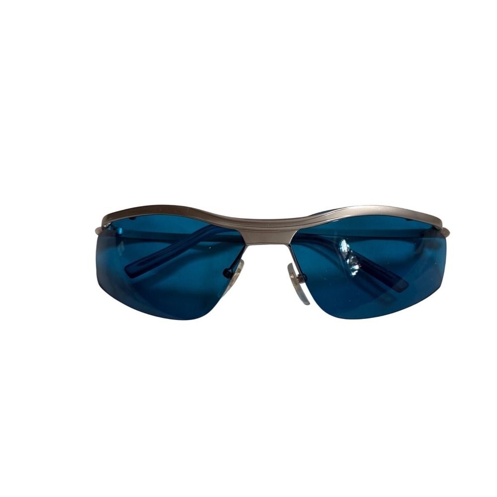 Vintage Y2K Wrap Around Sunglasses Silver Blue Tint Cyber Sport Rimless